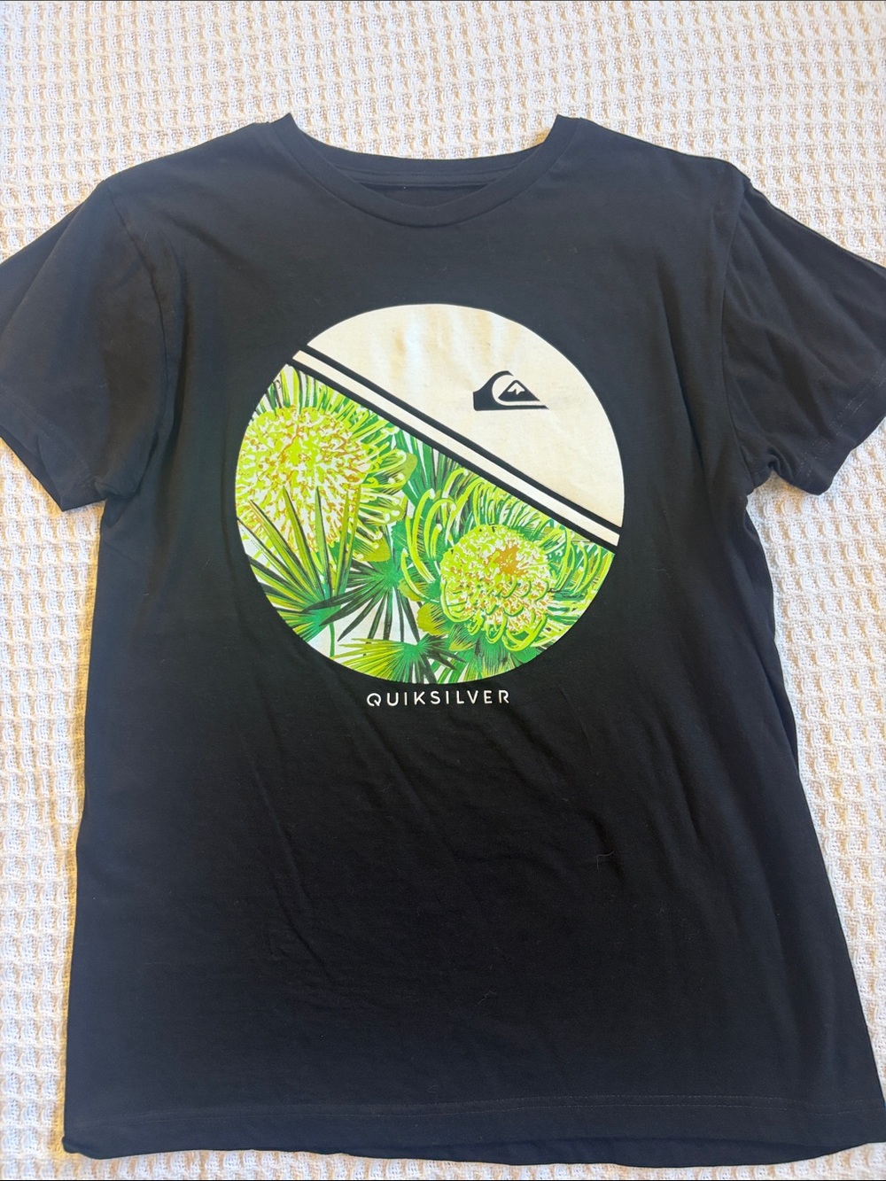 Quiksilver Black Tee with Green Floral Circle Graphic
